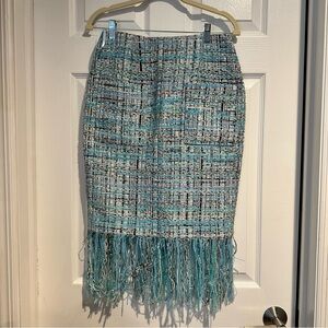 New Fringed Tweed Pencil Skirt in Teal and White